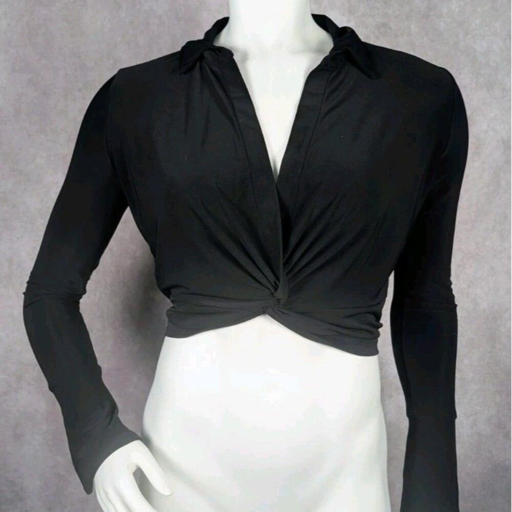 Windsor Women’s M Black Twist Front Collared Long Sleeve Cropped Knit Top V-Neck